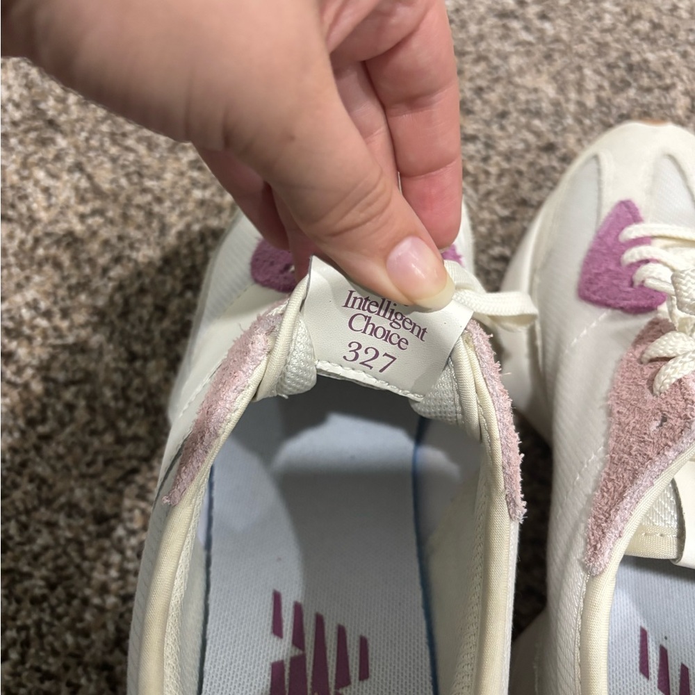 New Balance Women's Cream and Pink Runner Sneakers 327 The Intelligence Choice - Picture 6 of 7